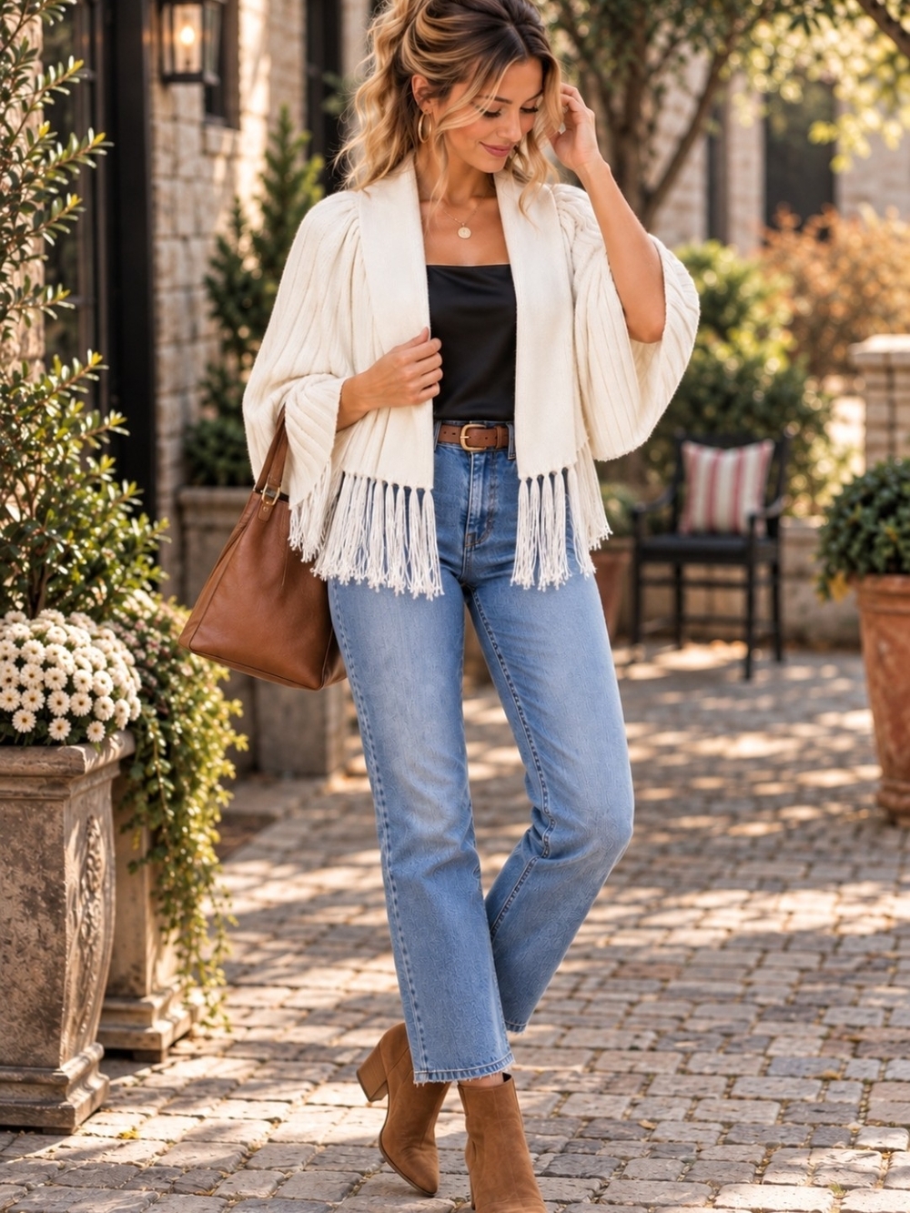 Vintage Ivory Fringe Cape Shawl Wrap Ribbed Knit Poncho Boho Fall Winter White